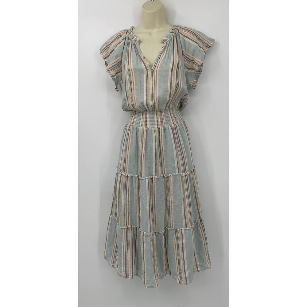 Rails Amellia midi linen blend dress blue stripe Sag Harbor smocked tiered Small